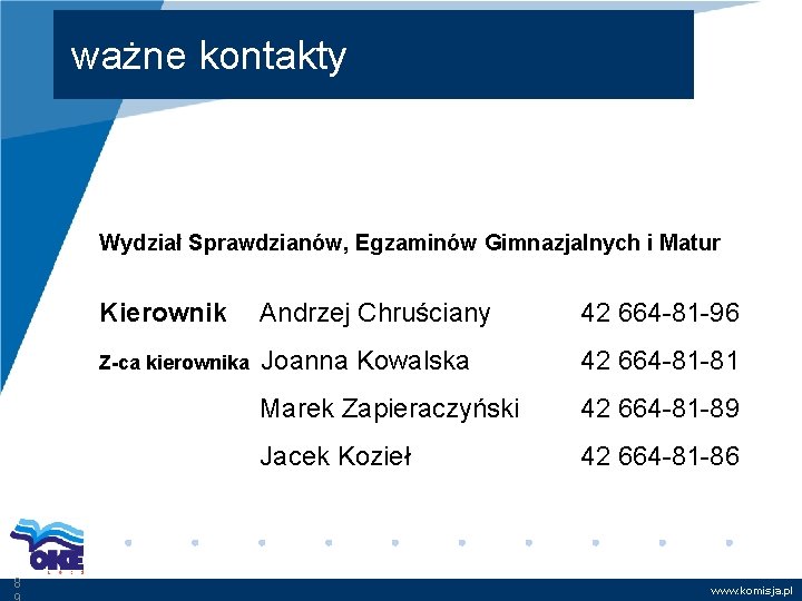 ważne kontakty Wydział Sprawdzianów, Egzaminów Gimnazjalnych i Matur 8 Kierownik Andrzej Chruściany 42 664