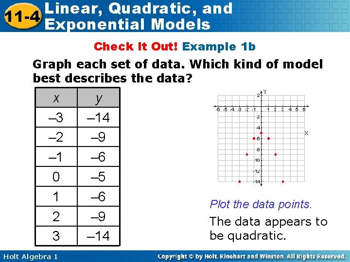 Linear, Quadratic, and 11 -4 Exponential Models Check It Out! Example 1 b Graph