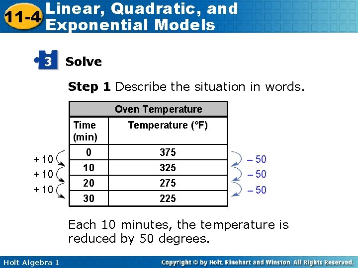 Linear, Quadratic, and 11 -4 Exponential Models 3 Solve Step 1 Describe the situation