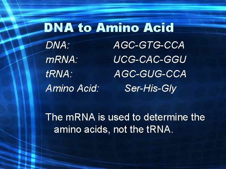 DNA to Amino Acid DNA: m. RNA: t. RNA: Amino Acid: AGC-GTG-CCA UCG-CAC-GGU AGC-GUG-CCA