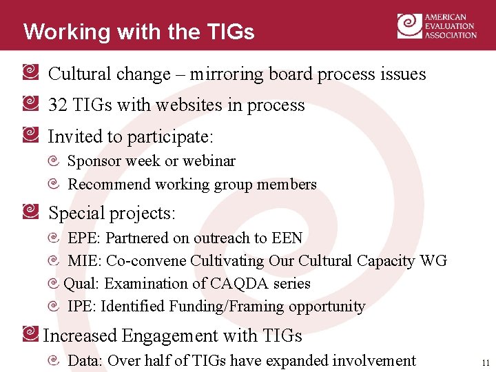 Working with the TIGs Cultural change – mirroring board process issues 32 TIGs with
