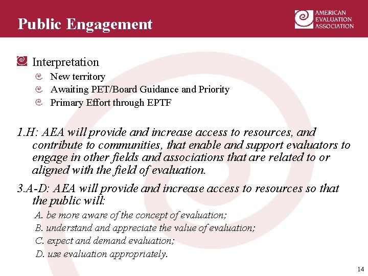 Public Engagement Interpretation New territory Awaiting PET/Board Guidance and Priority Primary Effort through EPTF