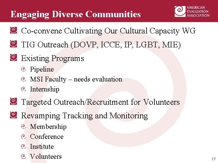 Engaging Diverse Communities Co-convene Cultivating Our Cultural Capacity WG TIG Outreach (DOVP, ICCE, IP,