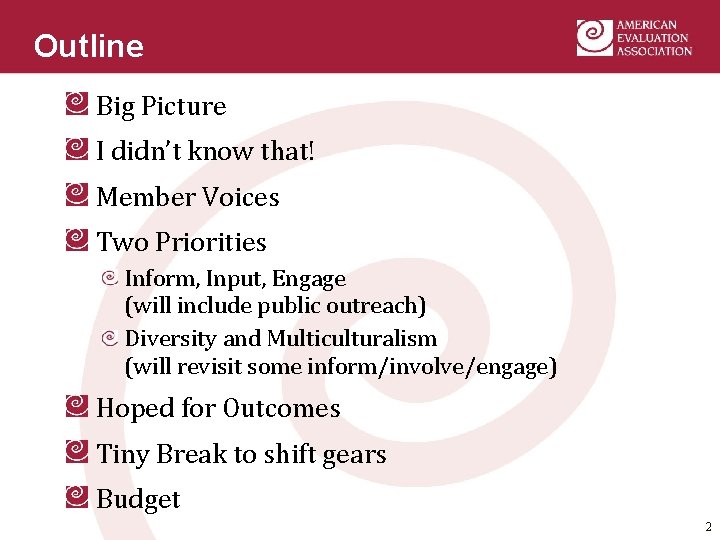 Outline Big Picture I didn’t know that! Member Voices Two Priorities Inform, Input, Engage