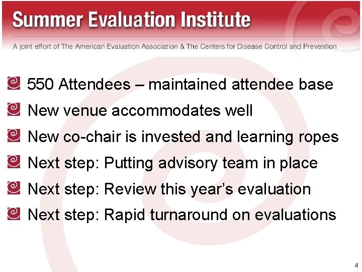 Summer Institute 550 Attendees – maintained attendee base New venue accommodates well New co-chair