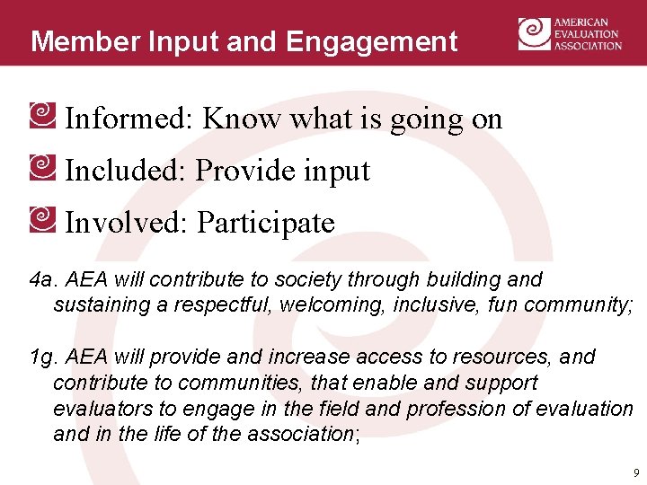 Member Input and Engagement Informed: Know what is going on Included: Provide input Involved: