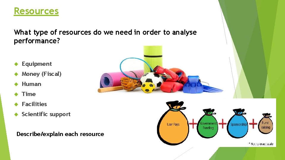 Resources What type of resources do we need in order to analyse performance? Equipment Resources What type of resources do we need in order to analyse performance? Equipment