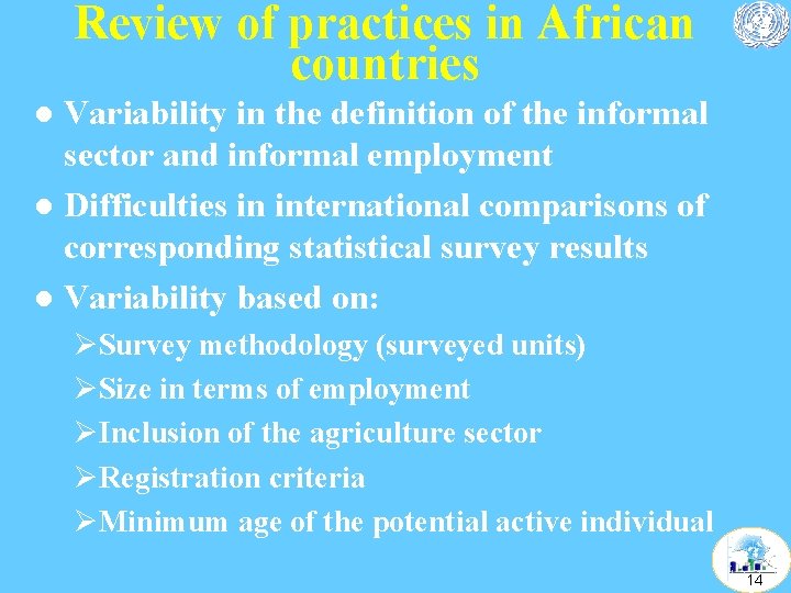 Review of practices in African countries Variability in the definition of the informal sector