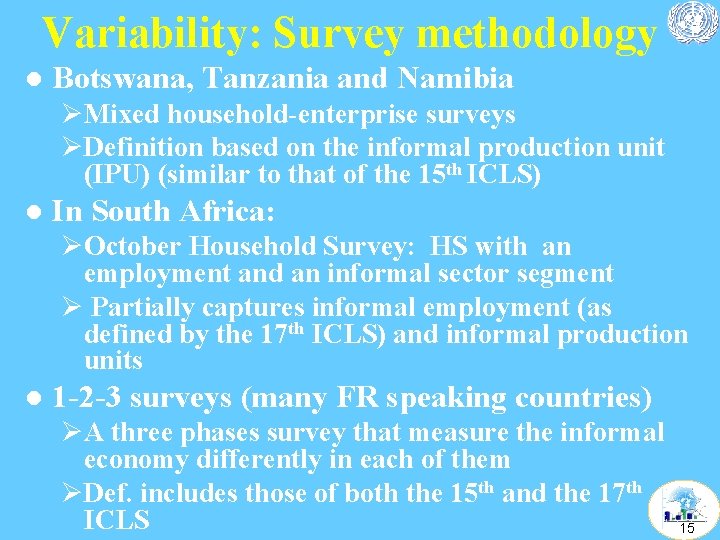 Variability: Survey methodology l Botswana, Tanzania and Namibia ØMixed household-enterprise surveys ØDefinition based on