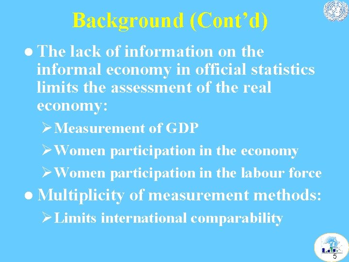 Background (Cont’d) l The lack of information on the informal economy in official statistics