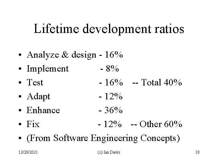 Lifetime development ratios • • Analyze & design - 16% Implement - 8% Test