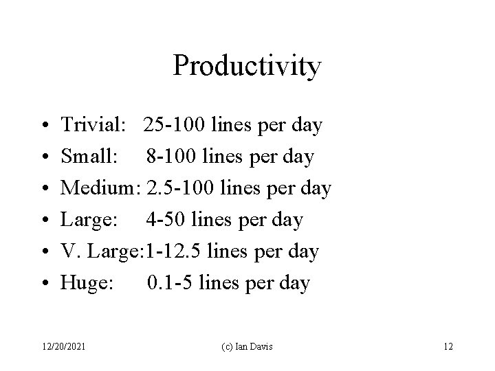Productivity • • • Trivial: 25 -100 lines per day Small: 8 -100 lines