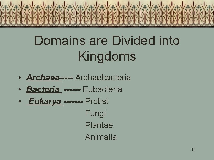 Domains are Divided into Kingdoms • Archaea----- Archaebacteria • Bacteria ------ Eubacteria • Eukarya Domains are Divided into Kingdoms • Archaea----- Archaebacteria • Bacteria ------ Eubacteria • Eukarya