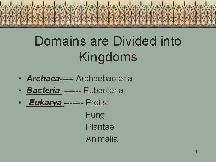 Domains are Divided into Kingdoms • Archaea----- Archaebacteria • Bacteria ------ Eubacteria • Eukarya