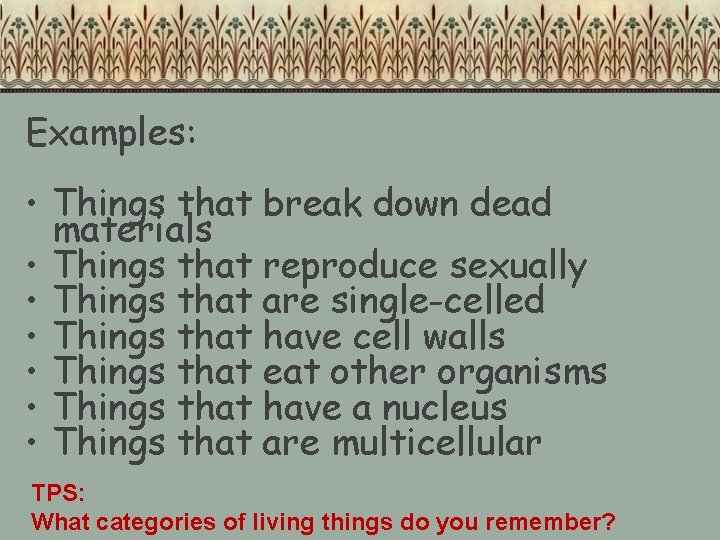 Examples: • Things that break down dead materials • Things that reproduce sexually • Examples: • Things that break down dead materials • Things that reproduce sexually •