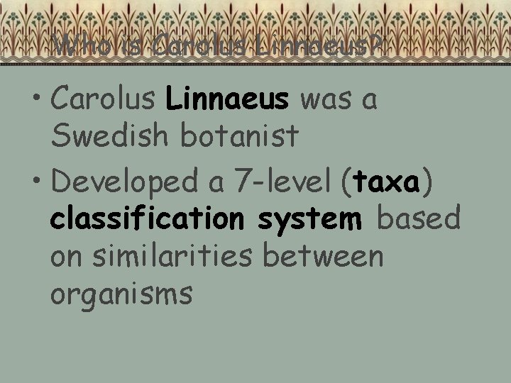 Who is Carolus Linnaeus? • Carolus Linnaeus was a Swedish botanist • Developed a