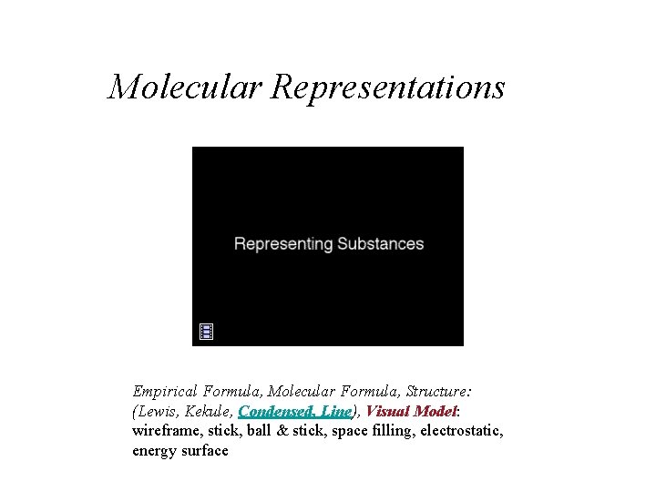 Molecular Representations Empirical Formula, Molecular Formula, Structure: (Lewis, Kekule, Condensed, Line), Visual Model: wireframe,