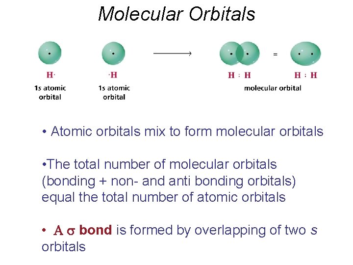 Molecular Orbitals • Atomic orbitals mix to form molecular orbitals • The total number