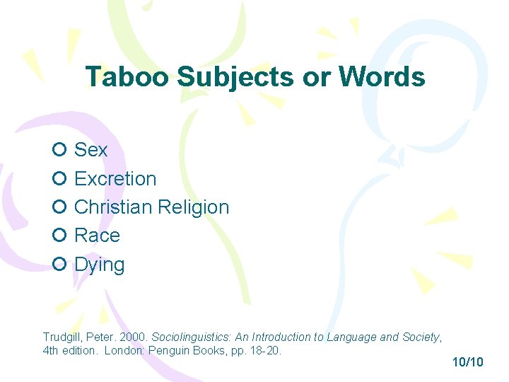 Taboo Subjects or Words Sex Excretion Christian Religion Race Dying Trudgill, Peter. 2000. Sociolinguistics: