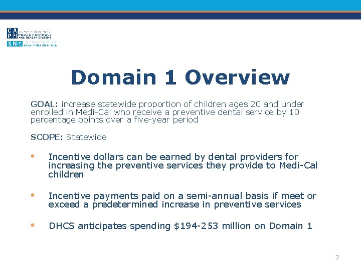 Domain 1 Overview GOAL: increase statewide proportion of children ages 20 and under enrolled