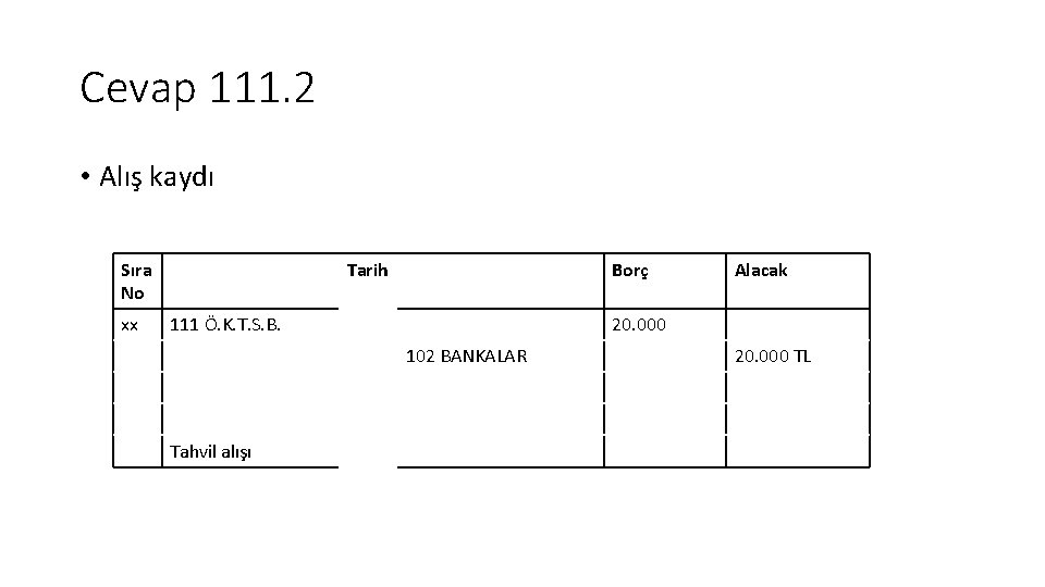Cevap 111. 2 • Alış kaydı Sıra No xx Tarih Borç 111 Ö. K.
