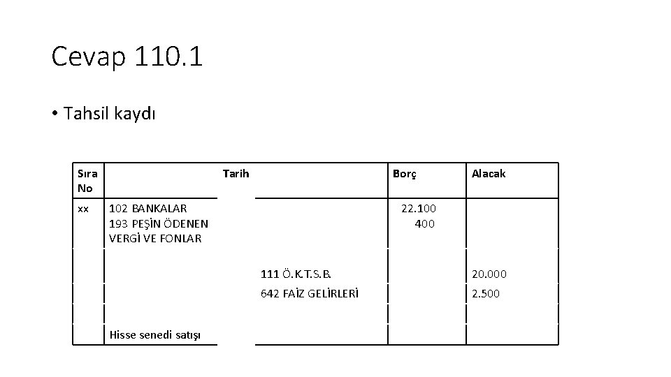 Cevap 110. 1 • Tahsil kaydı Sıra No xx Tarih Borç 102 BANKALAR 193