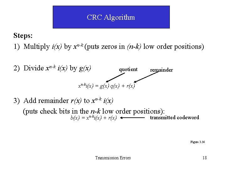 CRC Algorithm Steps: 1) Multiply i(x) by xn-k (puts zeros in (n-k) low order