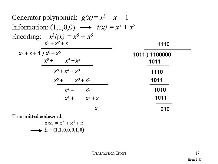 Generator polynomial: g(x)= x 3 + x + 1 Information: (1, 1, 0, 0)