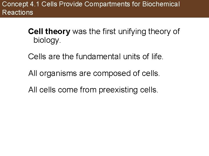 Concept 4. 1 Cells Provide Compartments for Biochemical Reactions Cell theory was the first