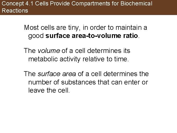 Concept 4. 1 Cells Provide Compartments for Biochemical Reactions Most cells are tiny, in