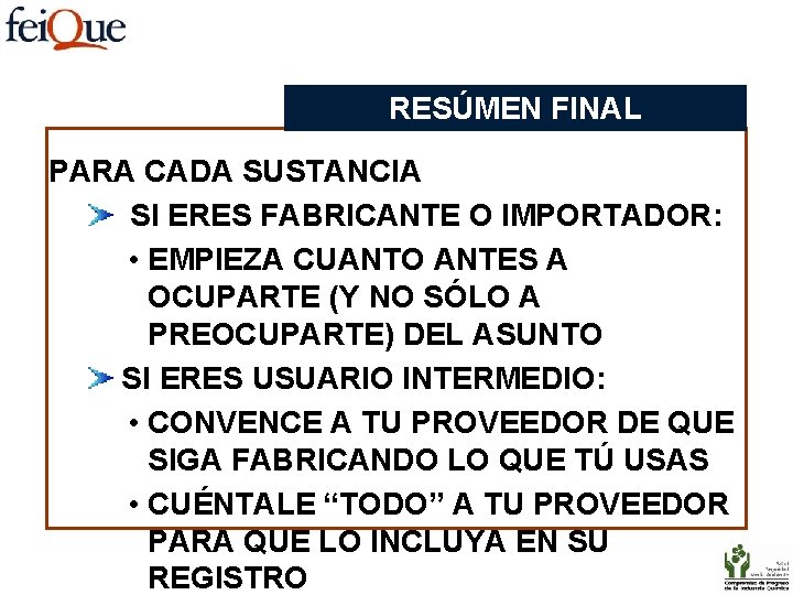 RESÚMEN FINAL PARA CADA SUSTANCIA SI ERES FABRICANTE O IMPORTADOR: • EMPIEZA CUANTO ANTES