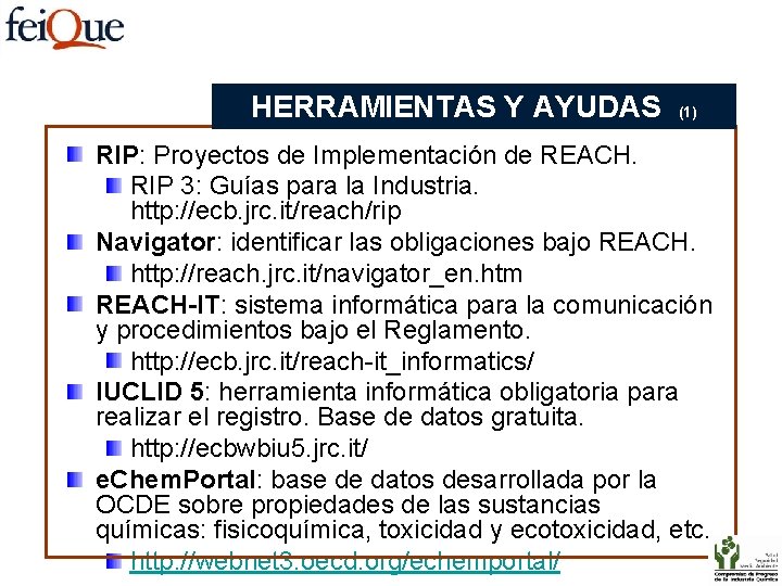 HERRAMIENTAS Y AYUDAS (1) RIP: Proyectos de Implementación de REACH. RIP 3: Guías para