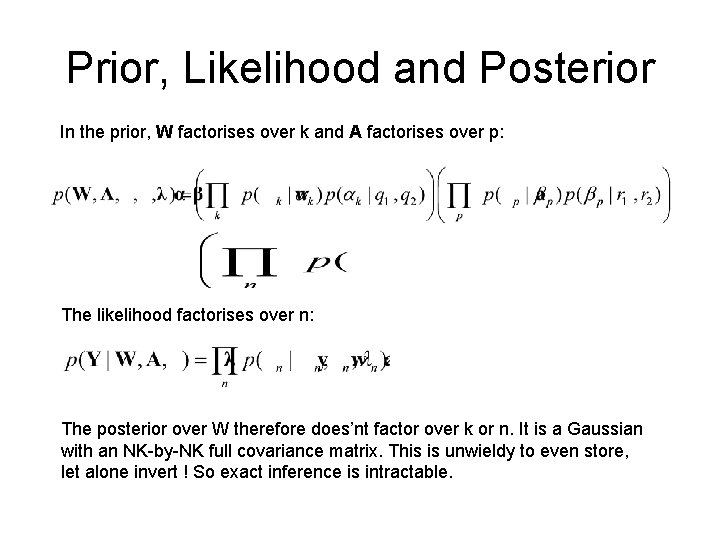 Prior, Likelihood and Posterior In the prior, W factorises over k and A factorises