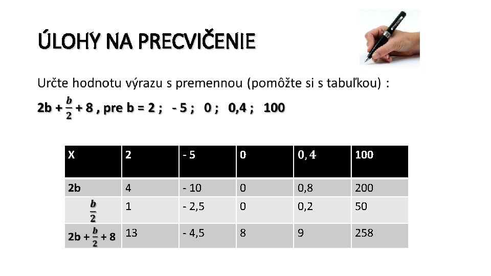 ÚLOHY NA PRECVIČENIE • X 2 -5 0 100 2 b 4 1 -