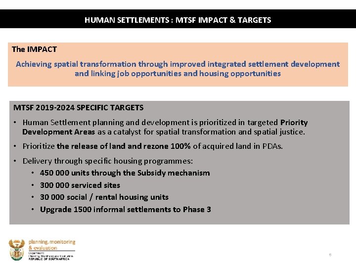 HUMAN SETTLEMENTS : MTSF IMPACT & TARGETS The IMPACT Achieving spatial transformation through improved