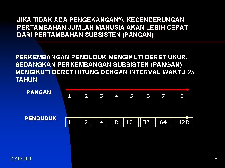 JIKA TIDAK ADA PENGEKANGAN*), KECENDERUNGAN PERTAMBAHAN JUMLAH MANUSIA AKAN LEBIH CEPAT DARI PERTAMBAHAN SUBSISTEN