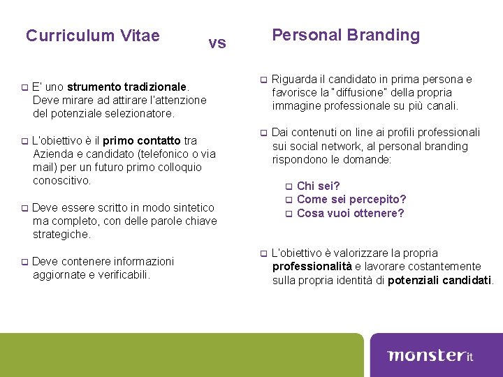 Curriculum Vitae Personal Branding vs q E’ uno strumento tradizionale. Deve mirare ad attirare