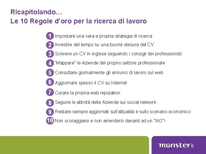 Ricapitolando… Le 10 Regole d’oro per la ricerca di lavoro 1 Impostare una vera