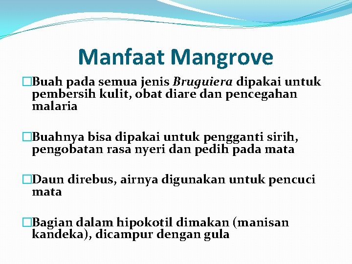 Manfaat Mangrove �Buah pada semua jenis Bruguiera dipakai untuk pembersih kulit, obat diare dan