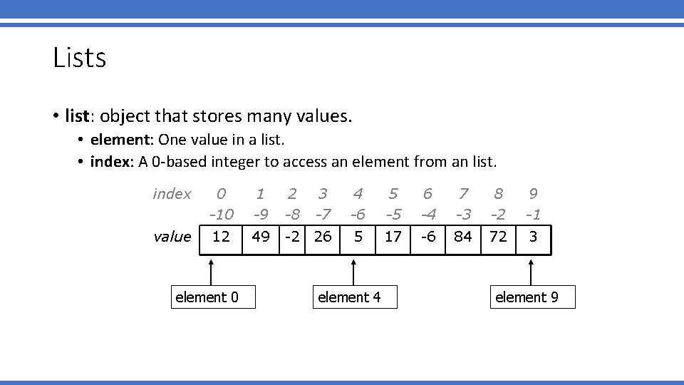 Lists • list: object that stores many values. • element: One value in a