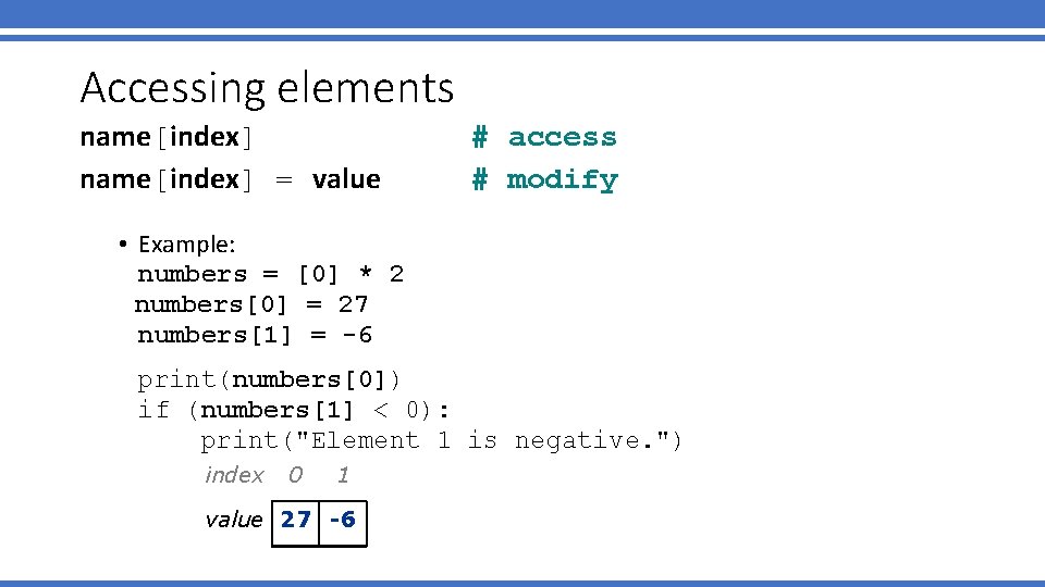 Accessing elements name[index] = value # access # modify • Example: numbers = [0]