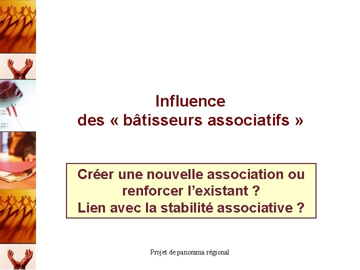 Influence des « bâtisseurs associatifs » Créer une nouvelle association ou renforcer l’existant ?