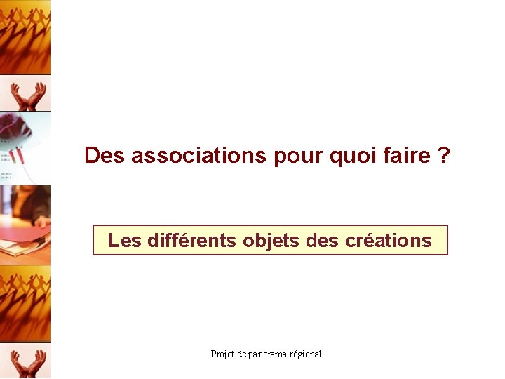 Des associations pour quoi faire ? Les différents objets des créations Projet de panorama