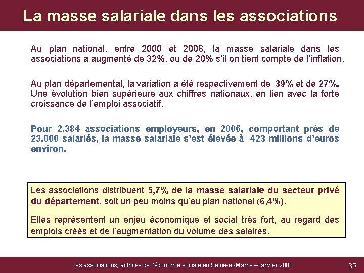 La masse salariale dans les associations Au plan national, entre 2000 et 2006, la