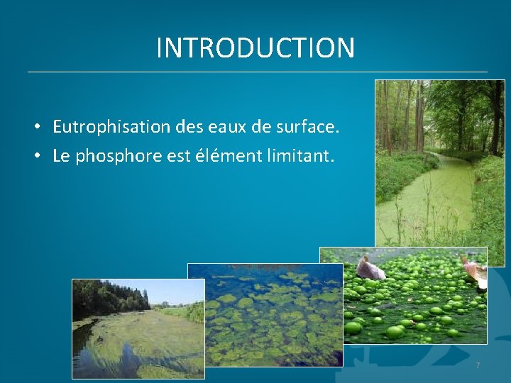 INTRODUCTION • Eutrophisation des eaux de surface. • Le phosphore est élément limitant. 7