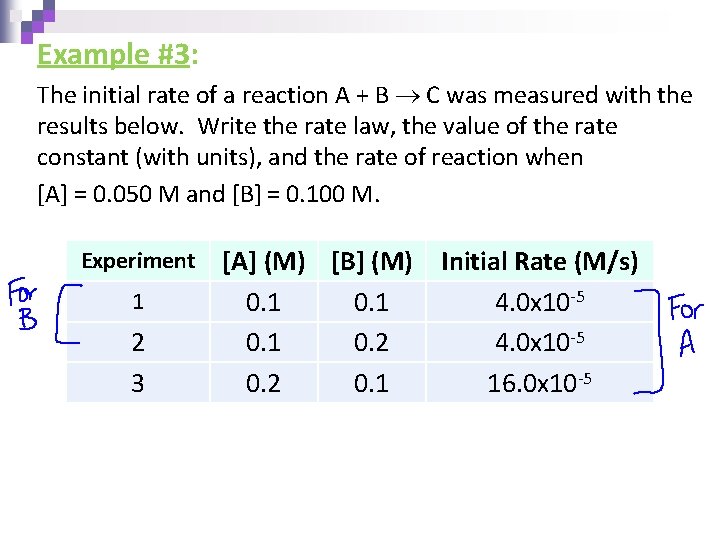 Example #3: The initial rate of a reaction A + B C was measured