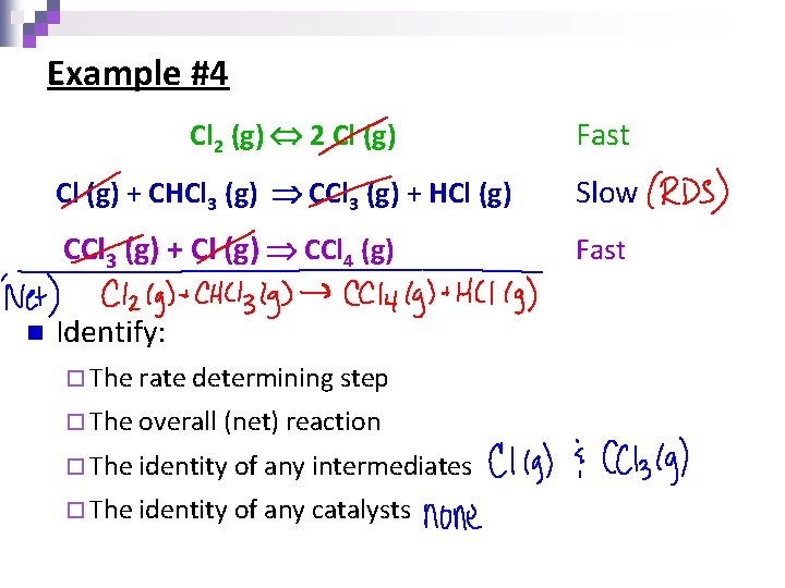 Example #4 Cl 2 (g) 2 Cl (g) n Fast Cl (g) + CHCl