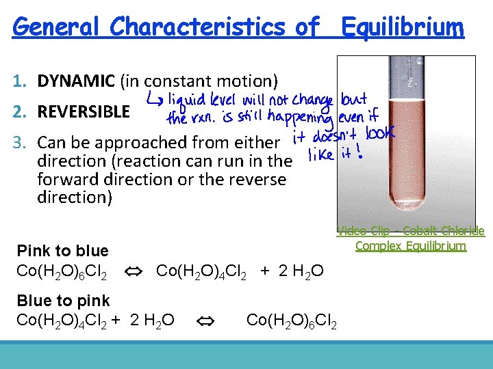 General Characteristics of Equilibrium 1. DYNAMIC (in constant motion) 2. REVERSIBLE 3. Can be