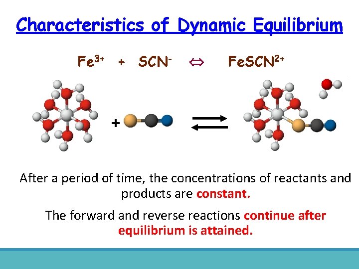 Characteristics of Dynamic Equilibrium Fe 3+ + SCN- Fe. SCN 2+ + After a