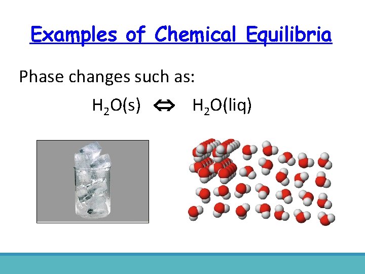 Examples of Chemical Equilibria Phase changes such as: H 2 O(s) H 2 O(liq)